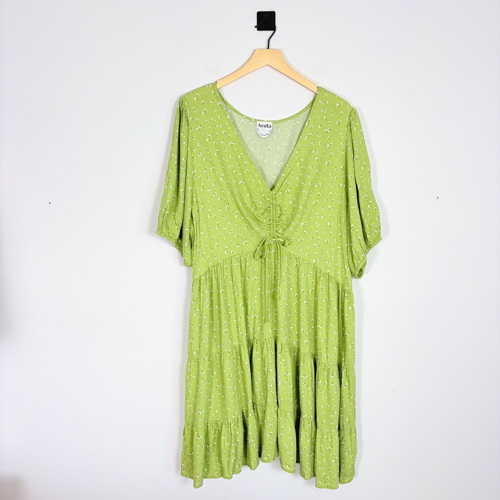 Arula Green Floral Tiered Babydoll Dress Womens Plus Size C‎ 3X Ruched V-Neck